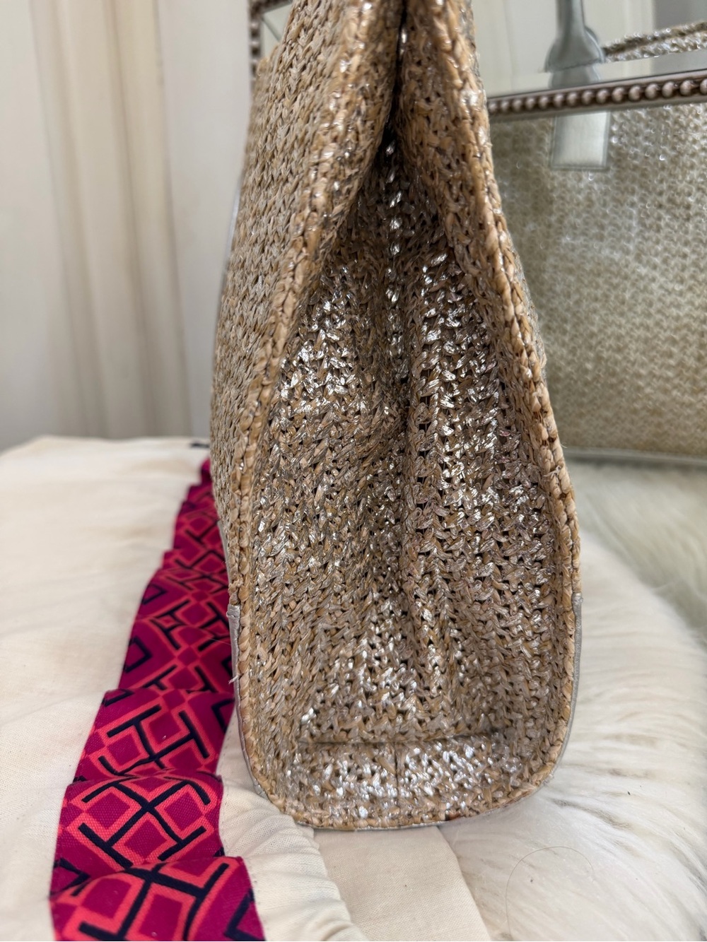 Tory Burch Ella Metallic Straw Raffia Tote Natural Silver Leather - Picture 2 of 7